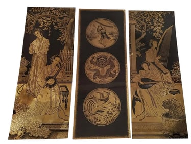 Chinese set of Three Brass and Enamel Plaques