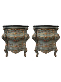 Pair of Late 19th Century Venetian Painted Rococo Style Marble Top Commodes