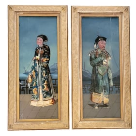 Pair of reverse painted asian Drawings