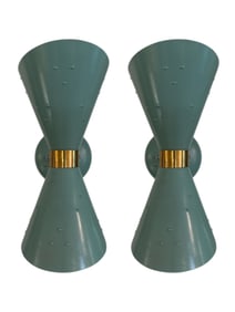 Pair of 1950s Tiffany Blue Brass Double Cone Sconces