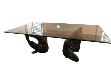 Italian 60s Bronze Mens Statue Holding Glass Table