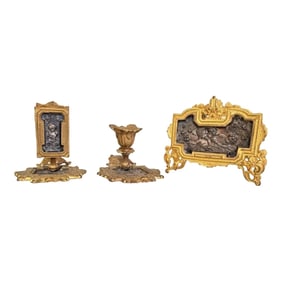 French Bronze Candle Stick, napkin Holder and Candle