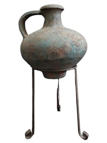 Bulbous Terracotta Vase on Metal Stand