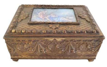 19thc French ormolu Box With Hand Painted Porcelain