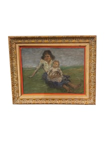 Signed Oil Painting of Mother and Her Child