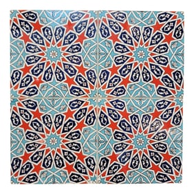 1980s Italian Light Blue and Red Starry Tile Wall Art