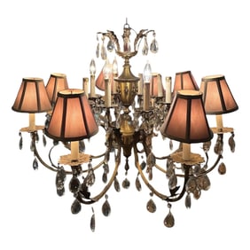 50s French 16 Light Brass Crystal Cut Chandelier