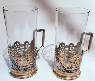 Pair of Russian Sterling Silver Cups With Enamel