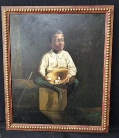 Vintage Painting Of young man Holding Basket of Eggs