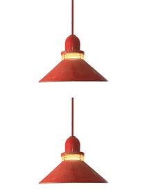 Pair of 1950s Industrial Red Enamel Pendant Lamps