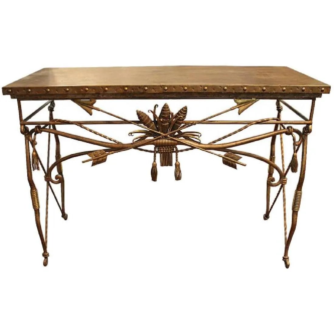 Eclectic Cross Arrow Console: Beautifully crafted using the finest wrought iron, it has intricately designed legs and a Classic arrow motif. The console is in good condition, with minor scratches that are part of the finish. Patin