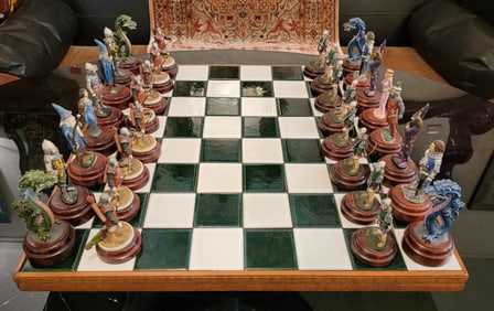 Tiled Mid Century and Wood Chess Board With Chess Figurines