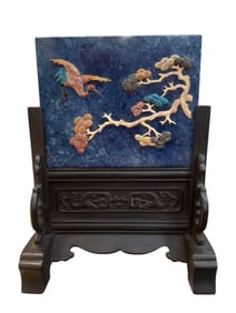 Chinese Hand Carved Jade Lapis Lazuli Table Screen