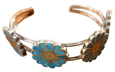 1970 Zuni Inlay Navajo Sterling Turquoise Cuff Bracelet
