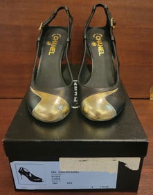 Authentic Chanel Size 38.5 Leather High Heel Shoes W/Gold Accents