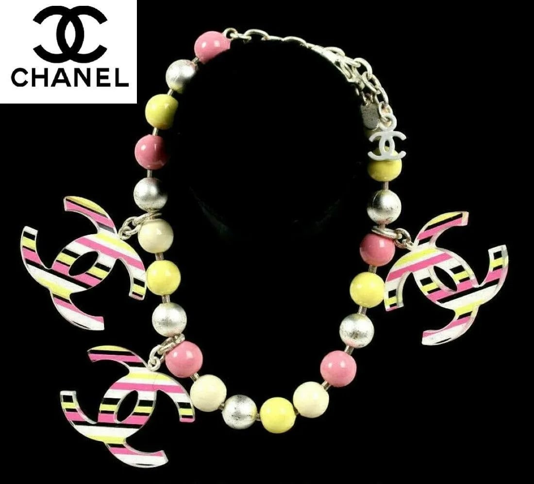 Chanel Multi-Color Beaded Striped Lucite Logo Charm Br (1 of 4)