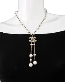 Chanel Pearl Logo Chain Stones and Flowers Necklace