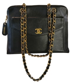 CHANEL Black Caviar Skin Leather Shoulder Bag