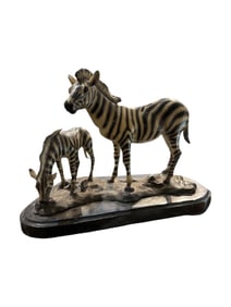 Signed Grazing Zebra Sculpture With Marble Base