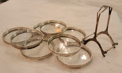 1920s Sterling Eight piece Glass Bottom Coaster Set and Holder
