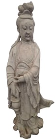 Antique Kwan Yin cement garden statue, 48inch