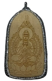 Chinese Carved Wood Pendant with Sworski Crystals