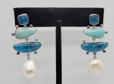 Topaz Stone and Pearl Earrings Sterling