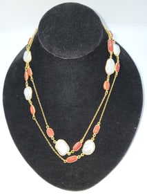 24kPlate Necklace with Coral and Pearls