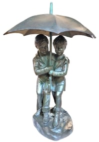 Antique Bronze Children W/ Unmbrella Garden Fountain Signed