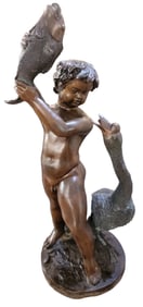 Vintage Garden Fountain Of Boy, Koi fish and Goose