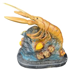 Colored Patinaed Lobster Over Coral Base Statue