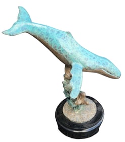 Signed Patinaed Whale With Marble Base