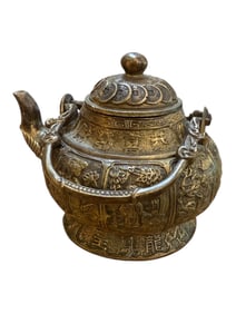 Vintage Stamped Chinese Bronze Teapot with Dragon Handle and Coin Lid