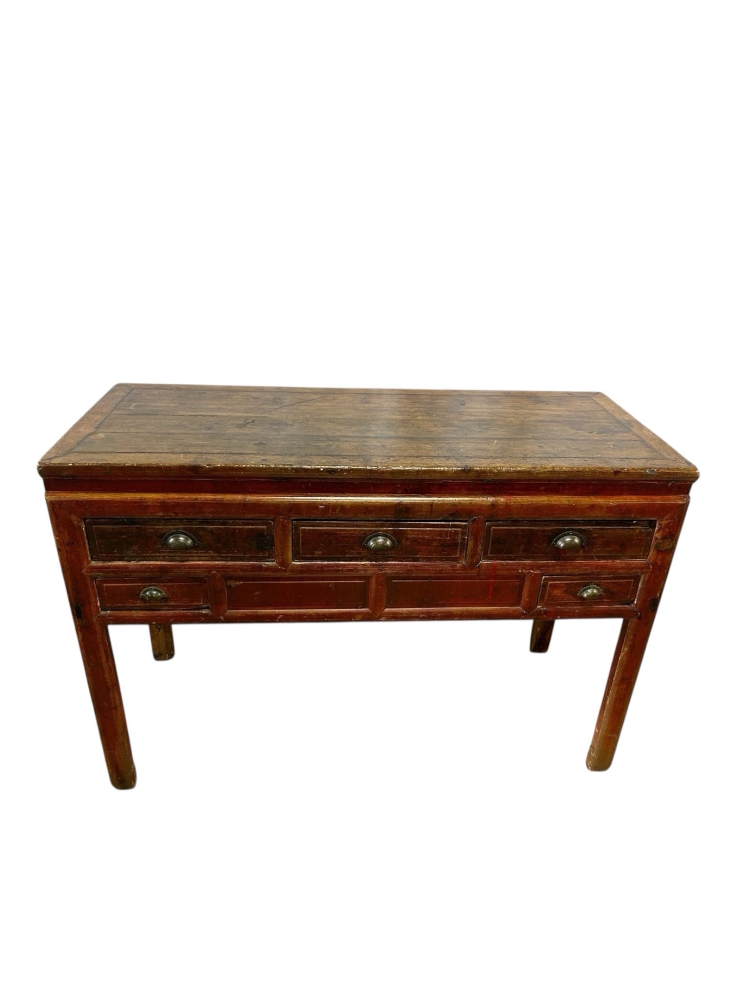 Antique 5 Drawer French Country Console: Charmingly rustic and rich in character, this Antique 5-Drawer French Country Console Table brings timeless elegance and practical function to your space. Crafted from solid wood with a beautifully ag
