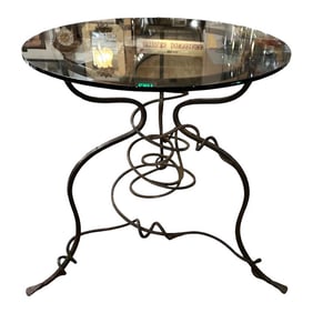 1950s Mid Century Brutalist Twisted Metal Glass Top Round Table