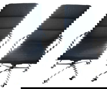 Pair of Chrome and  Leather Desk Chairs: Pair of Chrome and Leather Desk Chairs in the manner of Charles Iams. The seat is adjustable and the rollers are in great shape. chairs measurements are approximate - 23w x 22d x 44h seat height at ta