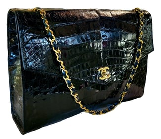 Chanel crocodile classic jumbo single flap hand bag with gold hardware