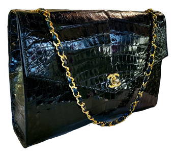 Chanel crocodile classic jumbo single flap hand bag with gold hardware