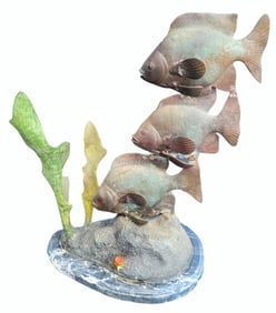 Tall Three Fish Bronze Statue With Marble Base