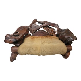 1960s Vintage Free Form Slab Redwood Settee Sheep Skin