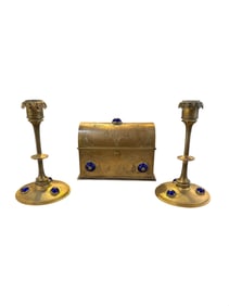 Set Of 3 Late 19th Century French Bronze Ormolu Jewelry Box And Candlestick Holders