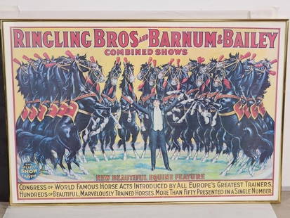 Ringling Bros and Barnum & Bailey Poster: Ringling Bros and Barnum & Bailey Poster. One if the greatest shows on Earth. This poster shows many horses standing/dancing around the ring leader in the main perfrmance of the show. Wonderful Poster