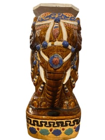 Vintage 1960s Hollywood Regency Hand Painted Terracotta Elephant Plant Stand