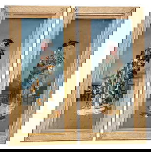 Pair of reverse painted asian Drawings: Pair of reverse painted Chinese paintings on glass. There is art paper within the frame that has at the look of mother of pearl to show through the glass and add an effect to the pictures/ drawings. e