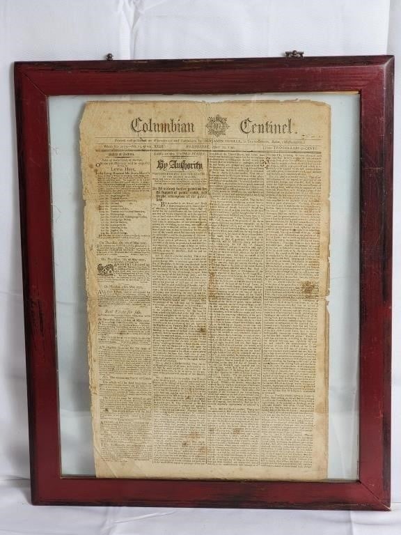 Antique 1795 Colombian Centinel, George Washington: Antique 1795 Colombian Centinel, George Washington. Printed signature and speech, law and rules from the government given to the population of the USA by news paper, clear glass double-sided visibilit