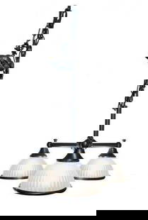 80s Industrial 3 light chandelier: Industrial 3 light Chandelier with white glass shades and chrome outline. Measures 15 diameter x 22 inches high to where the chain meets the top of the chandelier