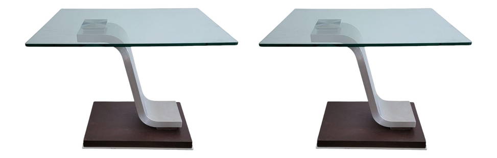 Vintage Wood And Chrome Side Tables, Pair: Vintage Wood And Chrome Side Tables, Pair Pair of chrome side tables with wooden base and thick glass top. This pair of strong side tables are sleek and attractive W20 x D25 x H25