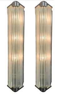 Mid century Pair fo Four Light Glass and Chrome Sconces: Mid century Pair fo Four Light Glass and Chrome Sconces. Great set of sconces that may be use vertically or horizontally. The base allows for a variety of angles. Each sconce has four lights and offer