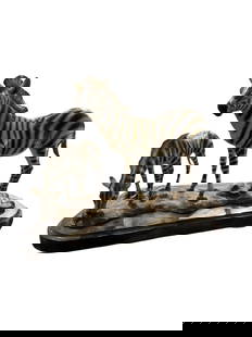 Signed Grazing Zebra Sculpture With Marble Base: "Bronze Zebra over Marble base. The zebras are hand painted . The base has a signature behind the larger zebras. Allan Barnes 2005. W19 x D10 x H14