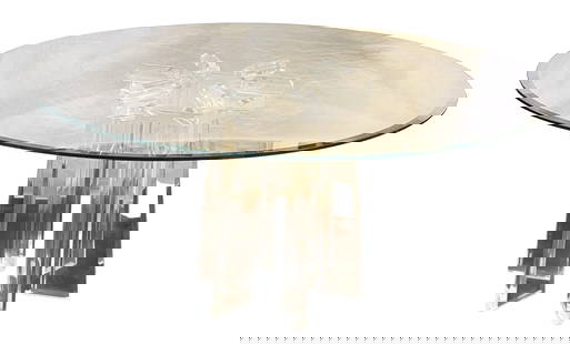 Mid Century Glass and Lucite Pedestal Table: Mid Century Beveled round glass table top and Lucite base with 6 Legs. The glass measures 60inches in diameter and .5 inches thick. The base is a six-legged Lucite base with a beautiful aesthetic look